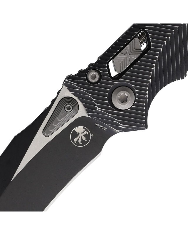 Microtech Amphibian S/E Ram-Lok M390MK steel two-tone finish blade distressed black fluted aluminium handle