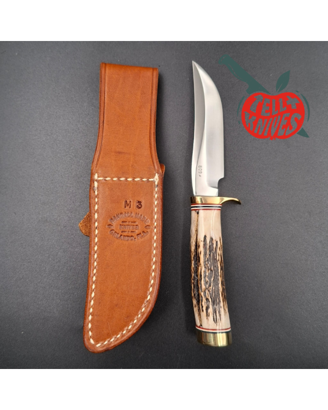 Randall Made Knives 2001 Model Mini 3 forged stainless steel stag handle brass guard brown leather sheath