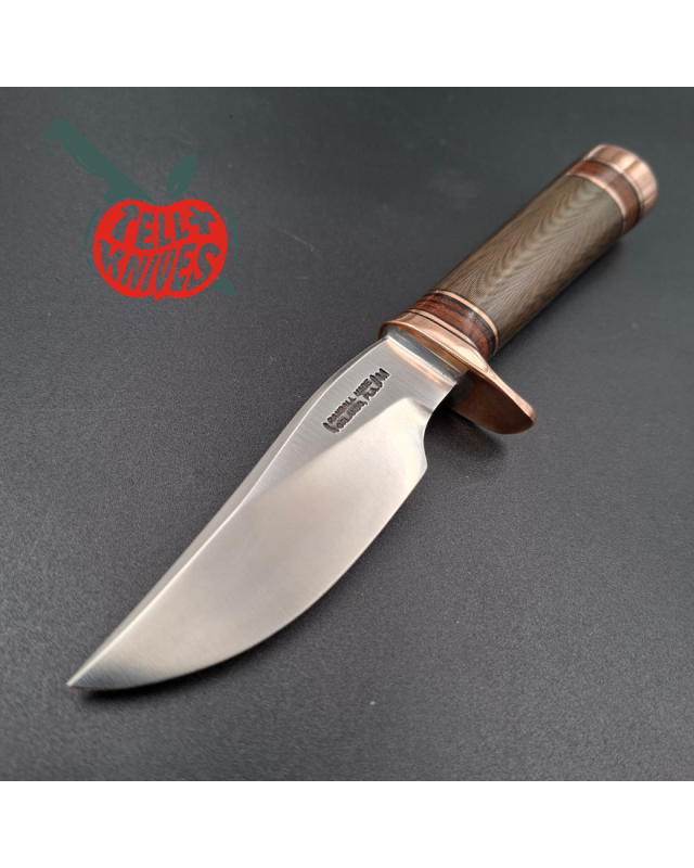 Randall Made Knives Model 27 Mini Copper forged stainless steel green micarta and stacked leather handle copper guard an
