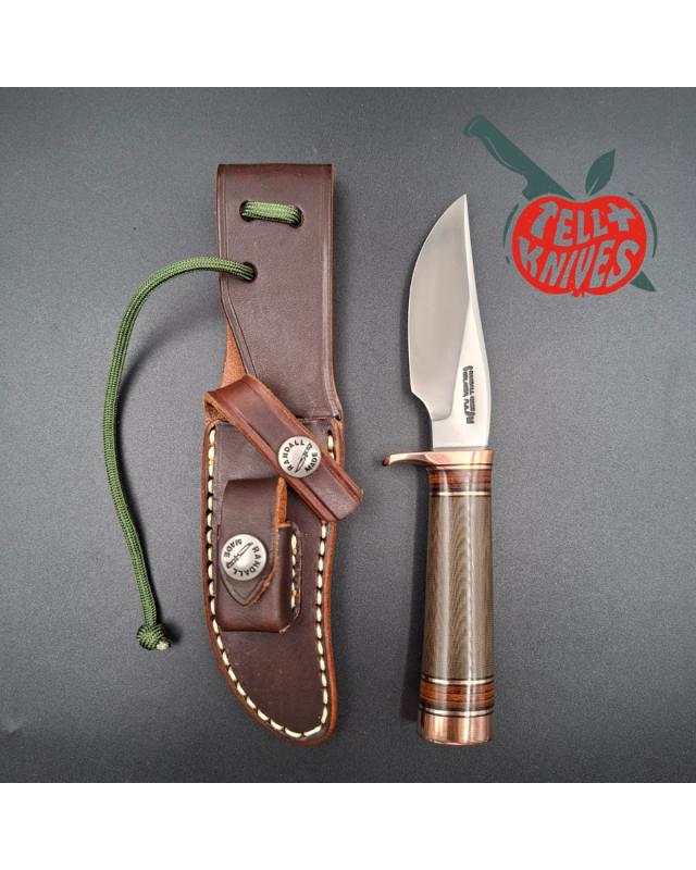 Randall Made Knives Model 27 Mini Copper forged stainless steel green micarta and stacked leather handle copper guard an
