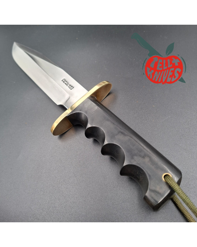 Randall Made Knives 1999 Model 14 - 7.5 full tang forged carbon steel brass guard black micarta handle brown leather she