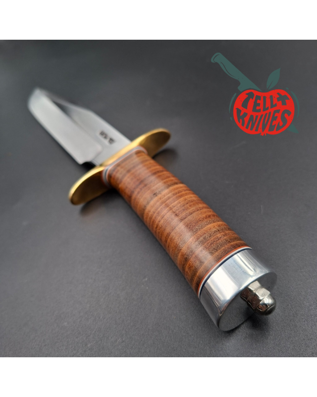 Randall Made Knives Model 14 - 7.5 forged carbon steel 1 brass guard stacked leather handle brown leather sheath