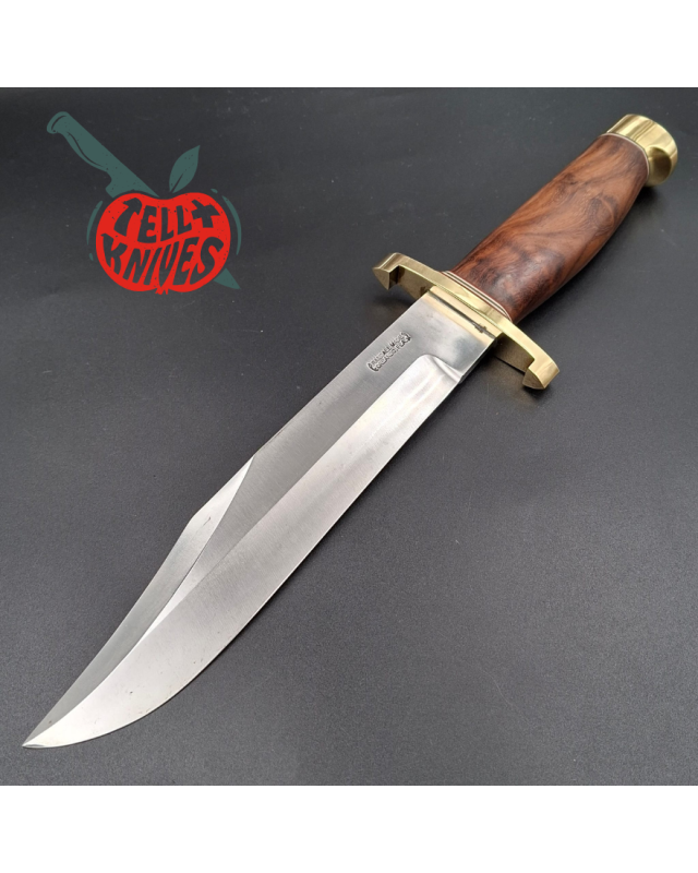 Randall Made Knives Model 12-9 Sportsman Bowie forged carbon steel walnut wood handle brass guard and pommel brown leath