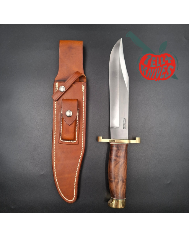 Randall Made Knives Model 12-9 Sportsman Bowie forged carbon steel walnut wood handle brass guard and pommel brown leath