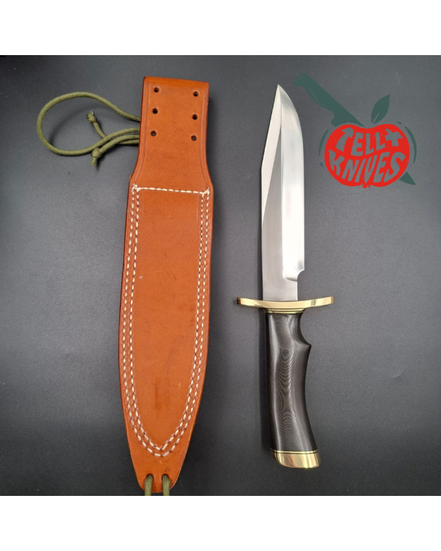 Randall Made Knives Model 14 - 7.5 forged carbon steel brass double forward curved hilt black micarta handle brown leath