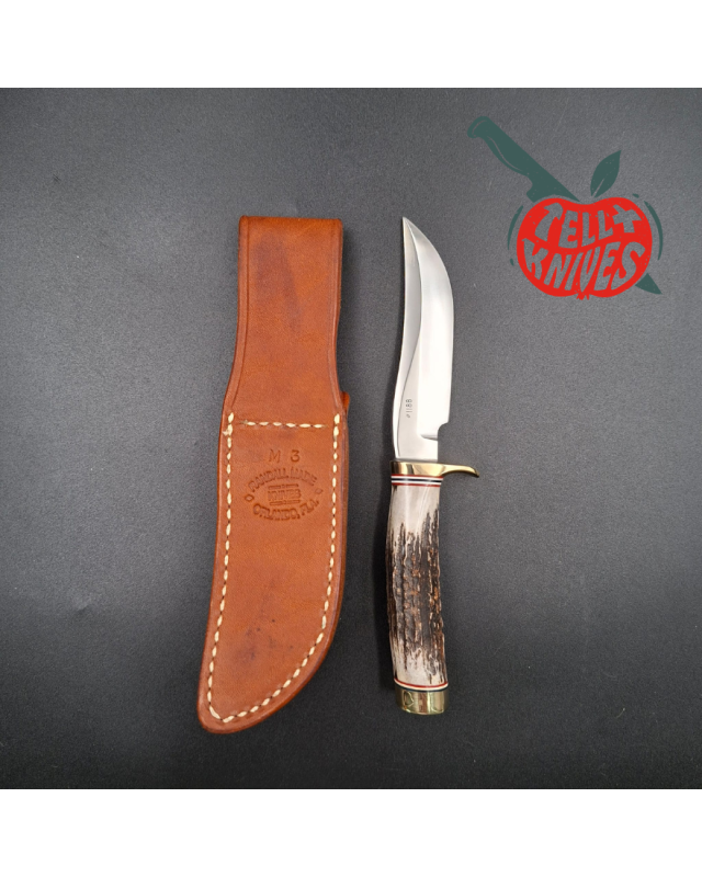 Randall Made Knives 2001 Model Mini 3 forged stainless steel stag handle brass guard brown leather sheath 1188