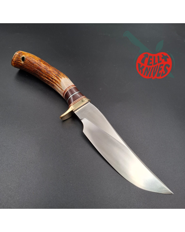 Randall Made Knives Model 27 Trailblazer forged stainless steel stag handle brass guard and pommel brown leather sheath