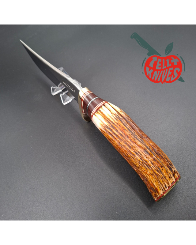 Randall Made Knives Model 27 Trailblazer forged stainless steel stag handle brass guard and pommel brown leather sheath