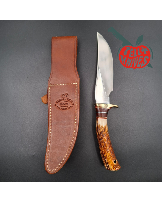 Randall Made Knives Model 27 Trailblazer forged stainless steel stag handle brass guard and pommel brown leather sheath