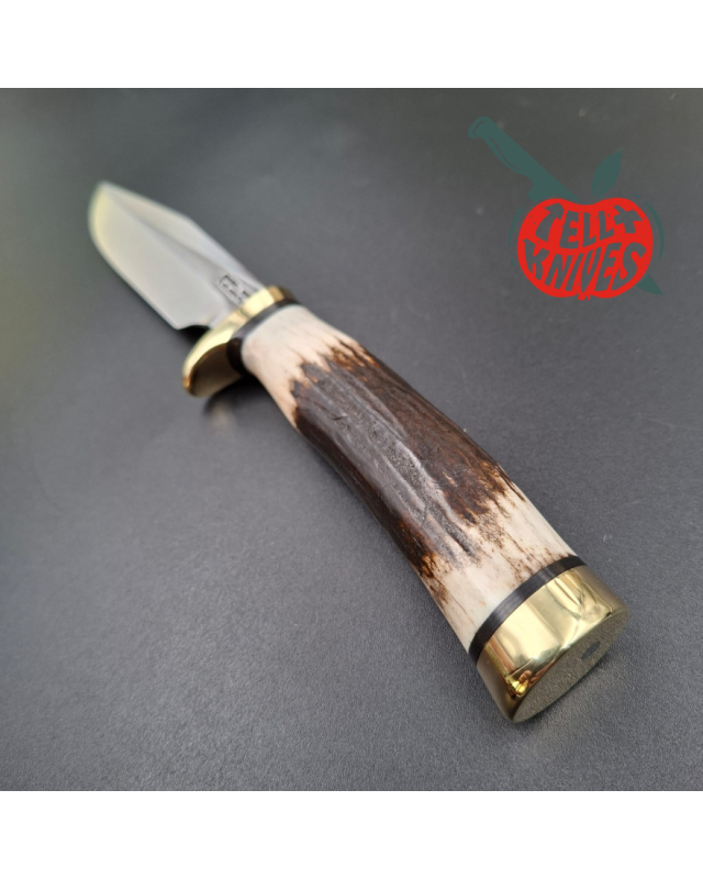 Randall Made Knives Model 5-4 forged carbon steel stag handle brass guard and pommel brown leather sheath
