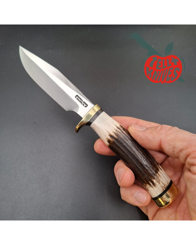 Randall Made Knives Model 5-4 forged carbon steel stag handle brass guard and pommel brown leather sheath