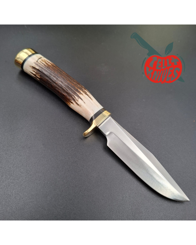 Randall Made Knives Model 5-4 forged carbon steel stag handle brass guard and pommel brown leather sheath