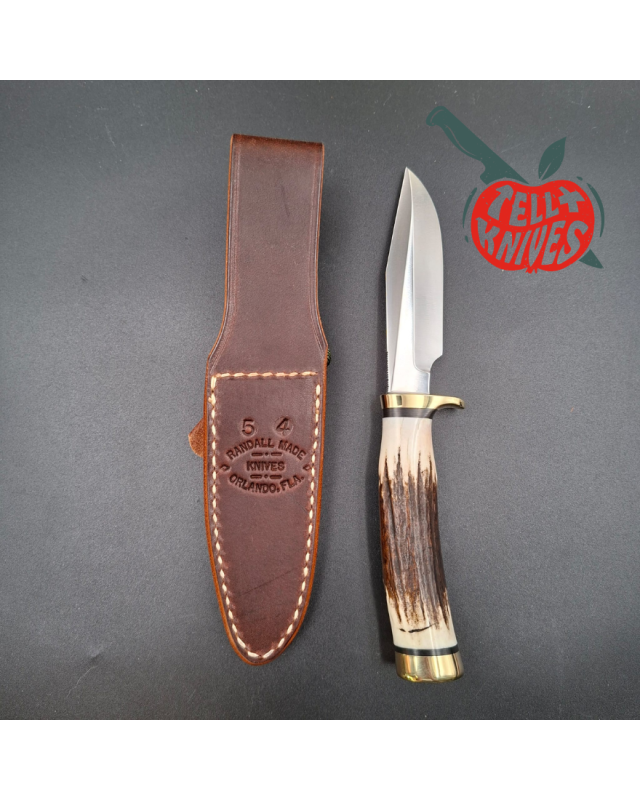 Randall Made Knives Model 5-4 forged carbon steel stag handle brass guard and pommel brown leather sheath