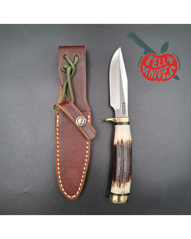 Randall Made Knives Model 5-4 forged carbon steel stag handle brass guard and pommel brown leather sheath
