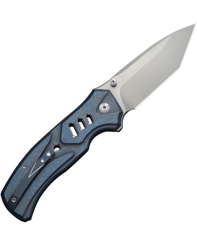 We Knife Co. Zentron Buttonlock M390 Premium Steel stonewash finish Tanto blade blue Titanium Handle