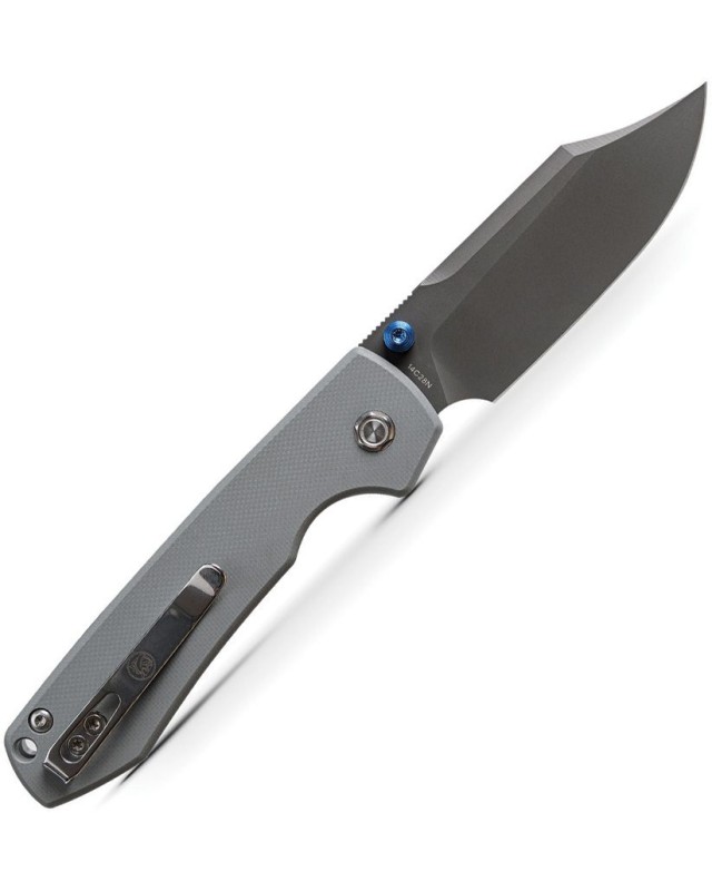Vosteed Raccoon Top 14C28N Sandvik steel Destroyer Gray Finish Clip Point Blade Gray G10 handle button lock