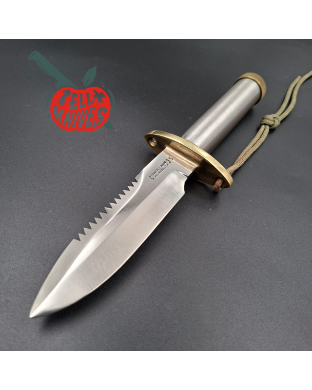 Randall Made Knives Vietnam Era Model 18 5.5 forged stainless steel tubular handle brass guard brown leather sheath