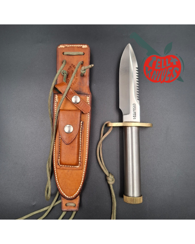 Randall Made Knives Vietnam Era Model 18 5.5 forged stainless steel tubular handle brass guard brown leather sheath