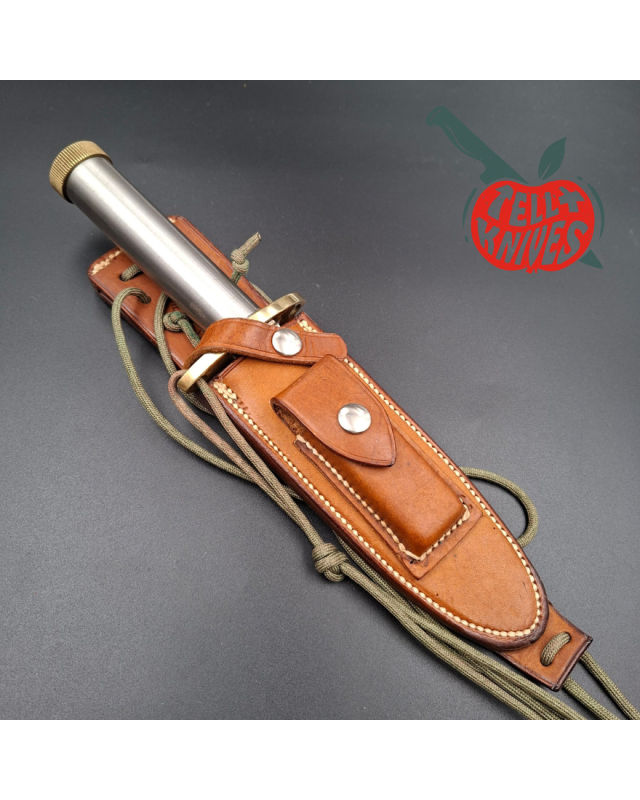 Randall Made Knives Vietnam Era Model 18 5.5 forged stainless steel tubular handle brass guard brown leather sheath