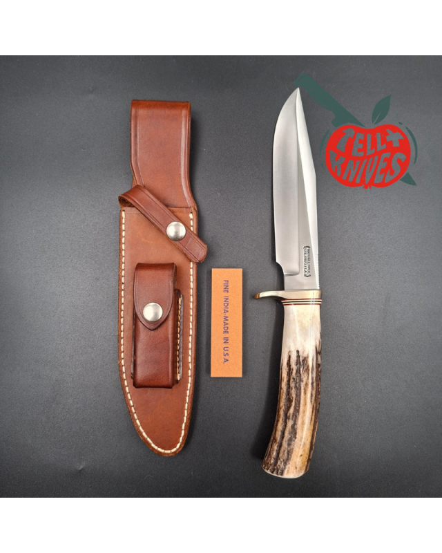 Randall Made Knives 1991 Model 5 - 6 Camp And Trail forged carbon steel stag handle nickel silver guard brown leather sh