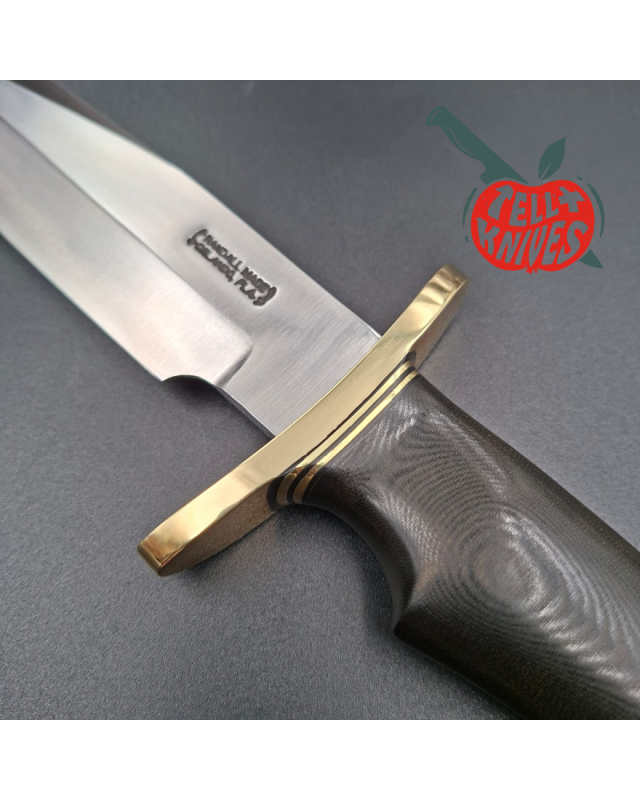 Randall Made Knives Model 14 - 7.5 forged carbon steel brass double forward curved hilt black micarta handle brown leath