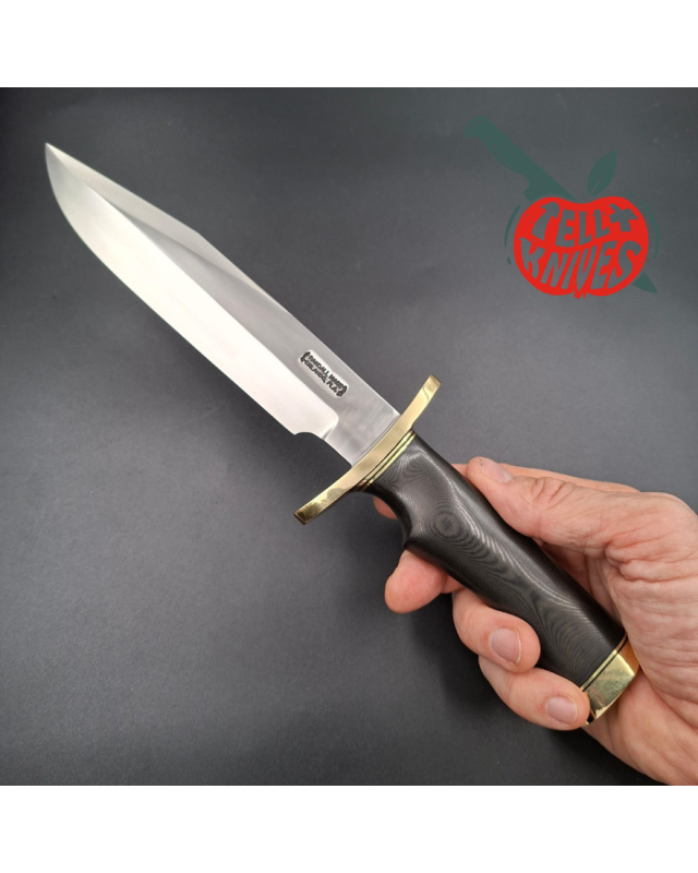 Randall Made Knives Model 14 - 7.5 forged carbon steel brass double forward curved hilt black micarta handle brown leath