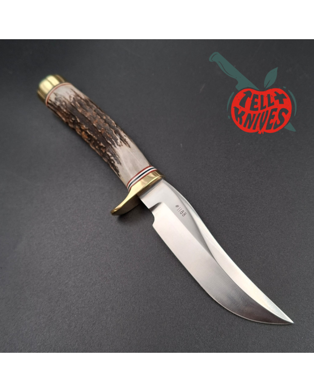 Randall Made Knives 2001 Model Mini 3 forged stainless steel stag handle brass guard brown leather sheath 1188