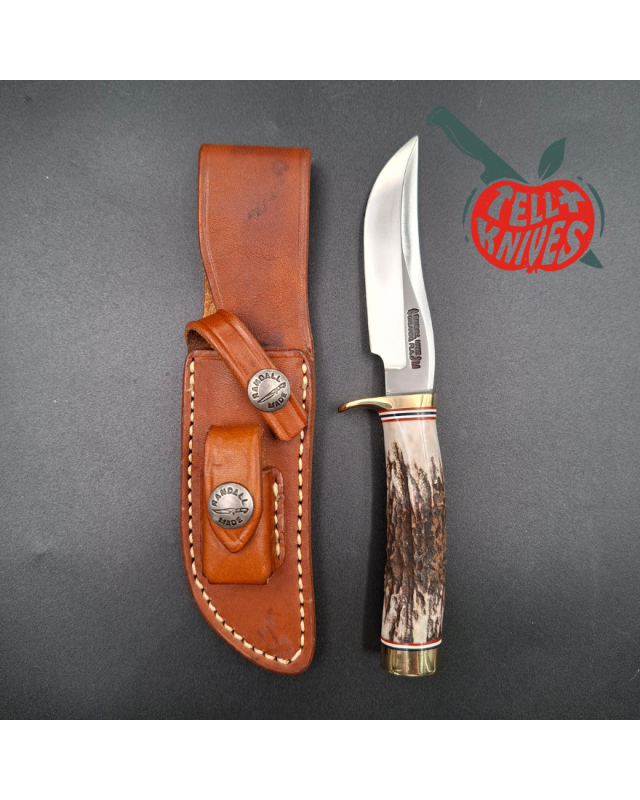 Randall Made Knives 2001 Model Mini 3 forged stainless steel stag handle brass guard brown leather sheath 1188