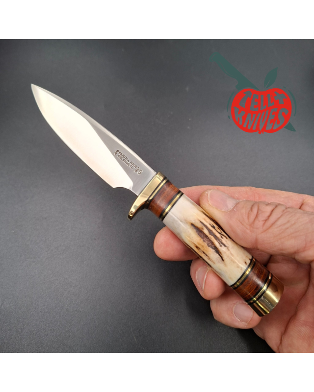 Randall Made Knives 1996 Model Mini 25 forged stainless steel stag handle brass guard brown leather sheath