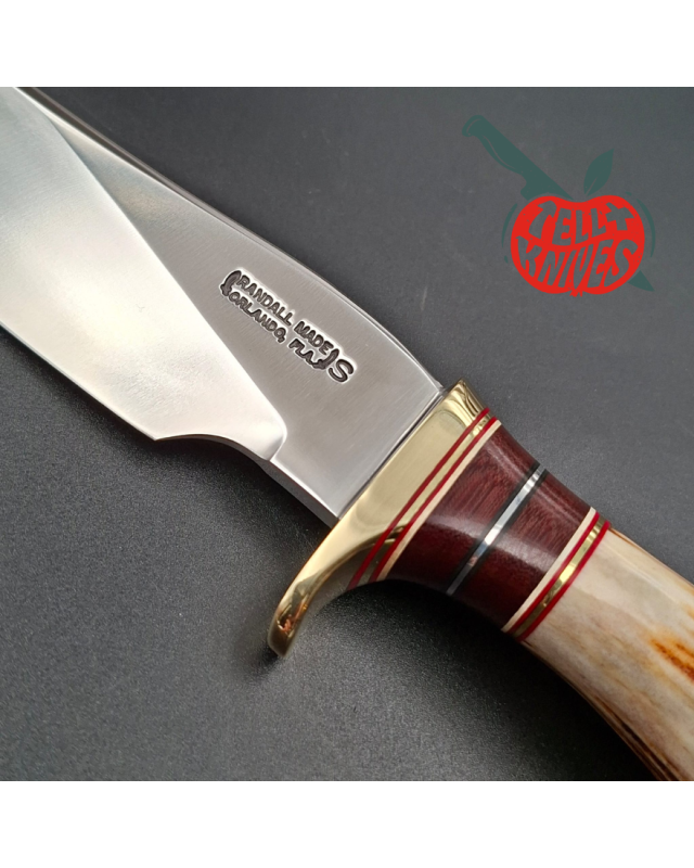 Randall Made Knives Model 27 Trailblazer forged stainless steel stag handle brass guard and pommel brown leather sheath