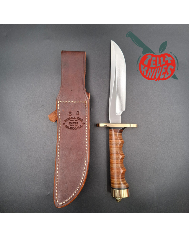 Randall Made Knives Model 3-6 Recon forged carbon steel brass guard stacked leather handle brown leather sheath