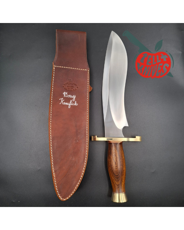 Randall Made Knives Model Sasquatch Large forged carbon steel ironwood handle brass guard and pommel brown leather sheat
