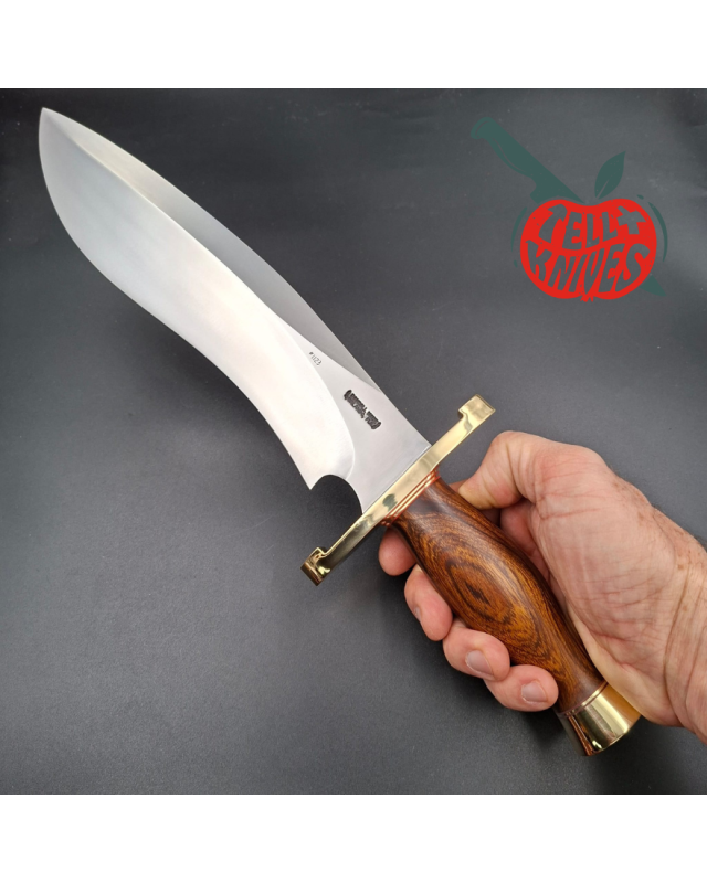 Randall Made Knives Model Sasquatch Large forged carbon steel ironwood handle brass guard and pommel brown leather sheat
