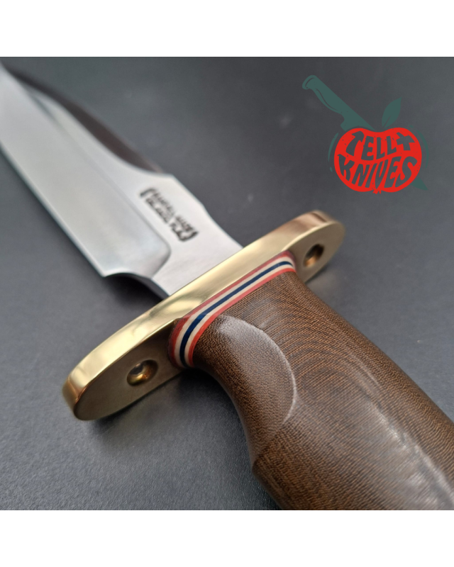 Randall Made Knives Model 1-6 sawteeth grind forged carbon steel brown micarta handle brass guard brown leather sheath