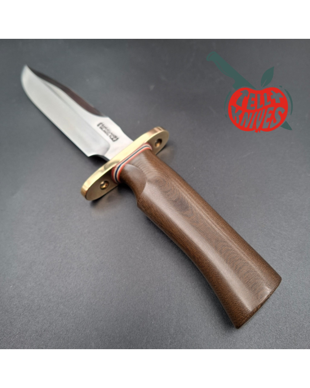 Randall Made Knives Model 1-6 sawteeth grind forged carbon steel brown micarta handle brass guard brown leather sheath