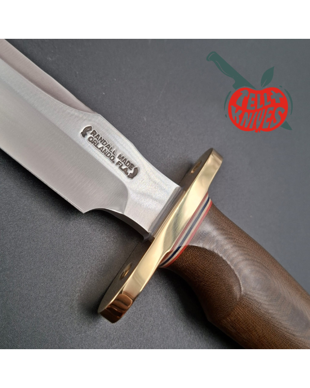 Randall Made Knives Model 1-6 sawteeth grind forged carbon steel brown micarta handle brass guard brown leather sheath