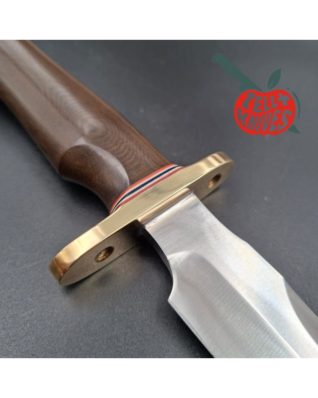 Randall Made Knives Model 1-6 sawteeth grind forged carbon steel brown micarta handle brass guard brown leather sheath