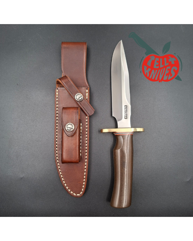 Randall Made Knives Model 1-6 sawteeth grind forged carbon steel brown micarta handle brass guard brown leather sheath