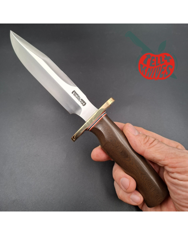 Randall Made Knives Model 1-6 sawteeth grind forged carbon steel brown micarta handle brass guard brown leather sheath