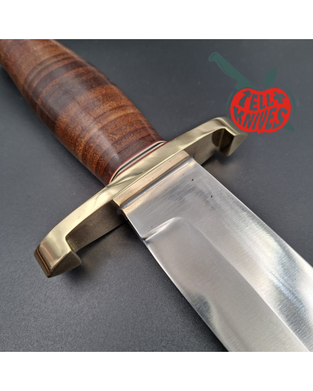 Randall Made Knives Model 12-11 Confederate Bowie forged carbon steel stacked leather handle brass guard Duralumin pomme