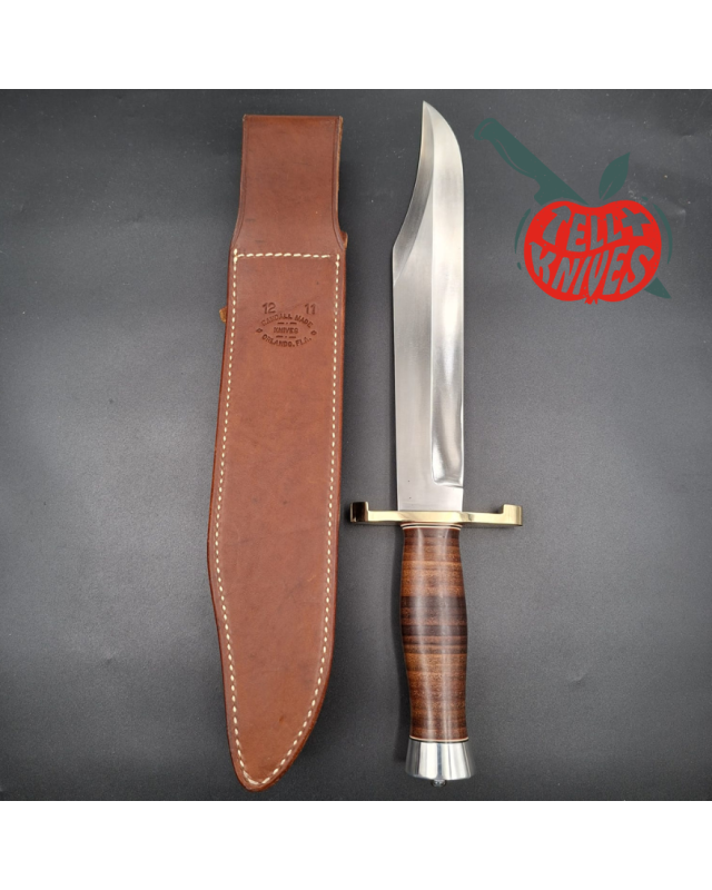 Randall Made Knives Model 12-11 Confederate Bowie forged carbon steel stacked leather handle brass guard Duralumin pomme