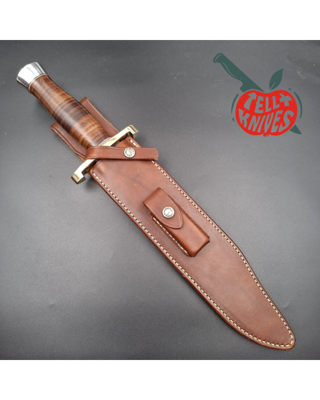 Randall Made Knives Model 12-11 Confederate Bowie forged carbon steel stacked leather handle brass guard Duralumin pomme