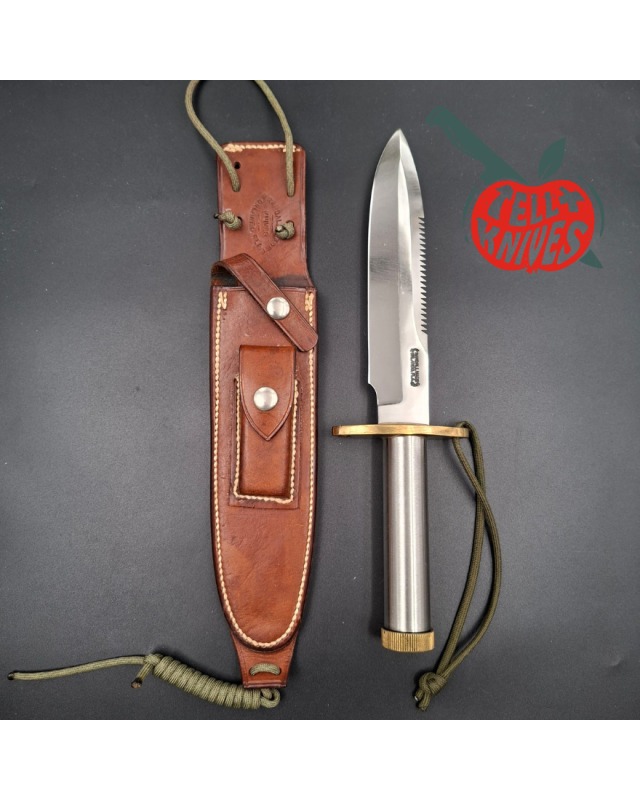 Randall Made Knives Vietnam Era Model 18 7.5 forged stainless steel tubular handle brass guard brown leather sheath