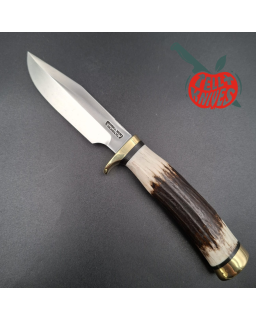 Randall Made Knives Model 5-4 forged carbon steel stag handle brass guard and pommel brown leather sheath