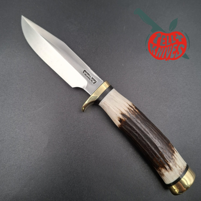 Randall Made Knives Model 5-4 forged carbon steel stag handle brass guard and pommel brown leather sheath