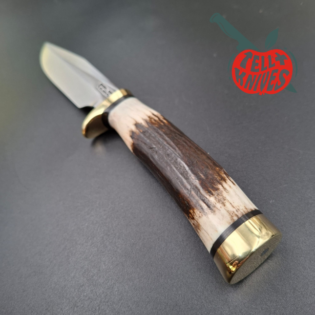 Randall Made Knives Model 5-4 forged carbon steel stag handle brass guard and pommel brown leather sheath