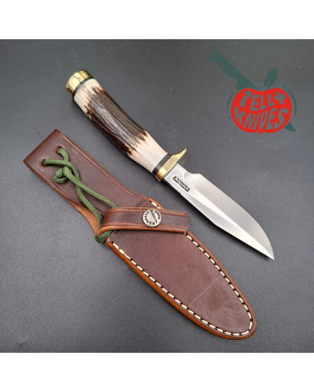 Randall Made Knives Model 5-4 forged carbon steel stag handle brass guard and pommel brown leather sheath