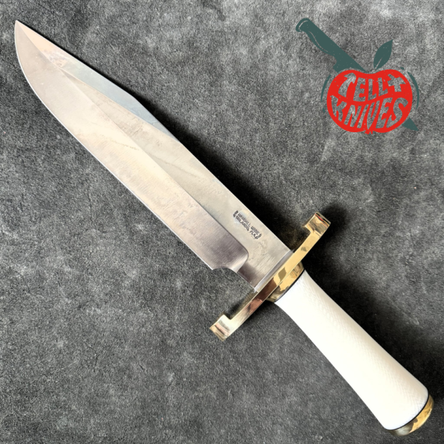Randall Made Knives Model 12-9 Sportsman Bowie 14 grind forged carbon steel Ivorite handle brass guard black leather sheath