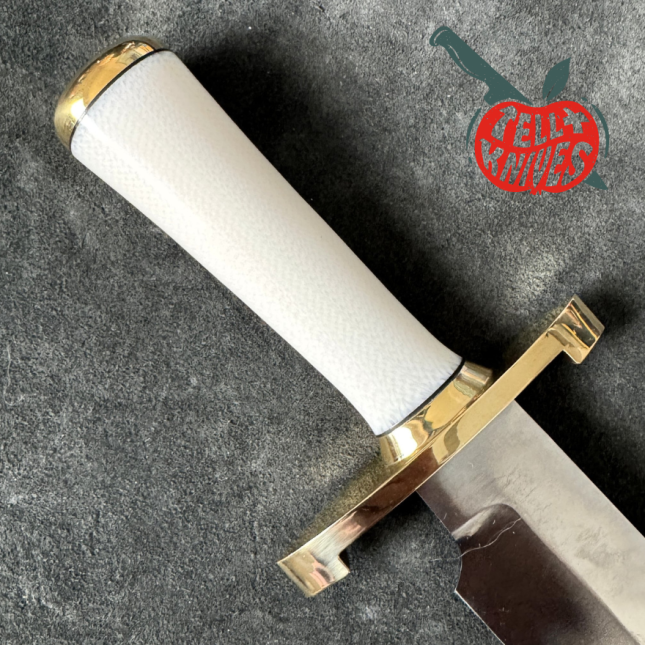 Randall Made Knives Model 12-9 Sportsman Bowie 14 grind forged carbon steel Ivorite handle brass guard black leather sheath