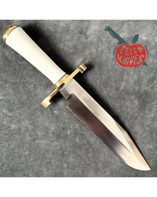 Randall Made Knives Model 12-9 Sportsman Bowie 14 grind forged carbon steel Ivorite handle brass guard black leather sheath